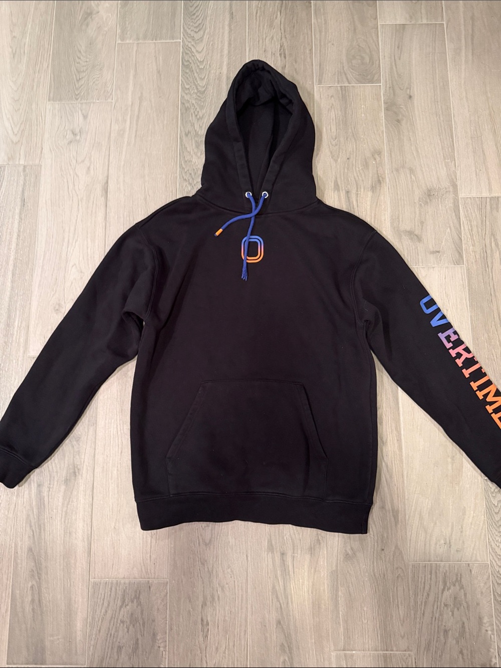 Overtime Men’s Black Pullover Hoodie with Blue and Orange Accent Size M